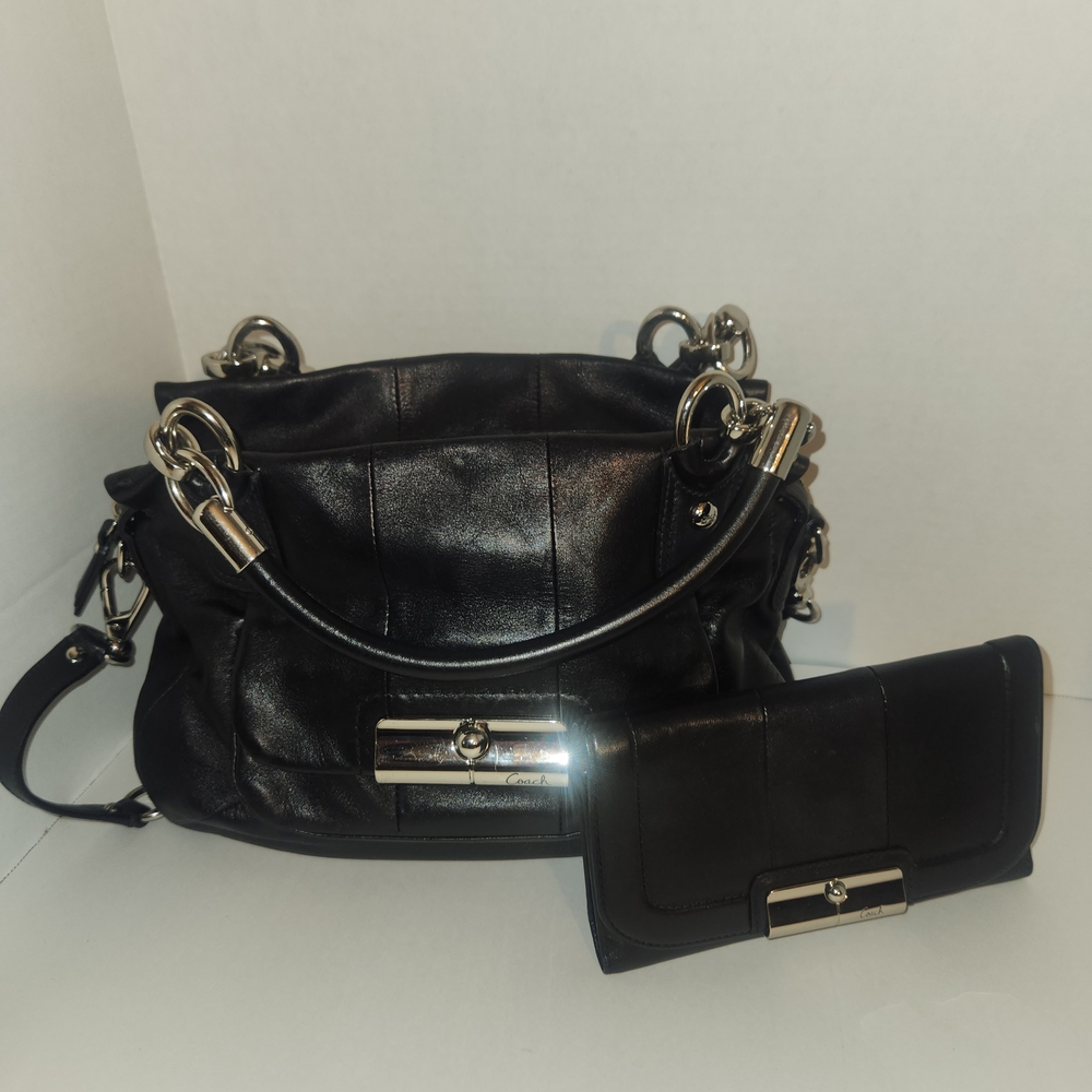 Coach Kristin Pinnacle black leather Purse And Matching Wallet Set